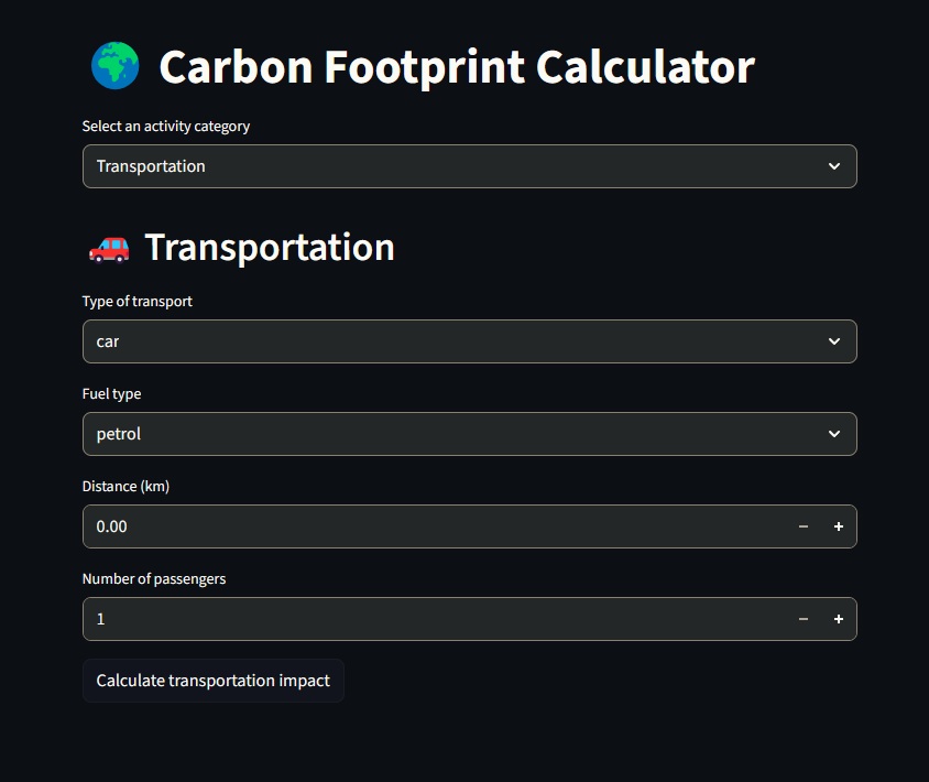 Carbon footprint calculator screenshot
